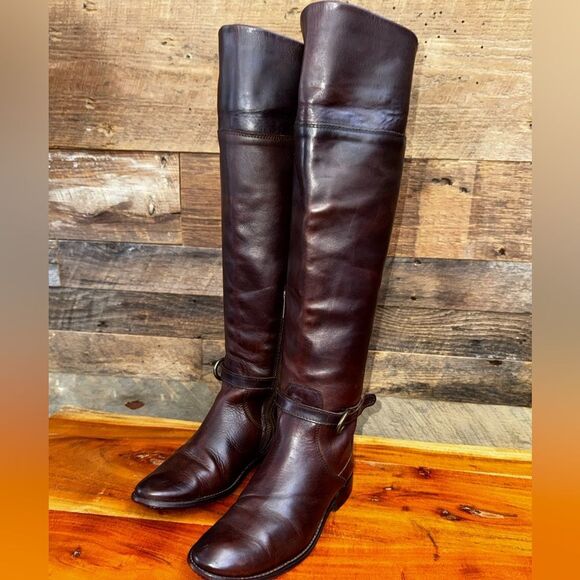 VTG FRYE SHIRLEY CUFFED FASHION RIDING BOOTS DARK BROWN LEATHER US SZ 6 M - Picture 1 of 13